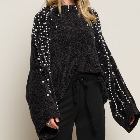 POL USA Oversized Pearl Embellished Sleeves Sweater Extra Baggy Sz Small - Picture 3 of 7